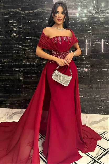 Bugurndy Off-the-Shoulder Strapless Slit Chiffon Evening Dress