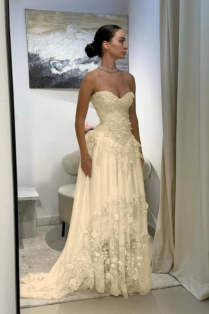 Strapless Sweetheart Prom Dress Pleated with Applique