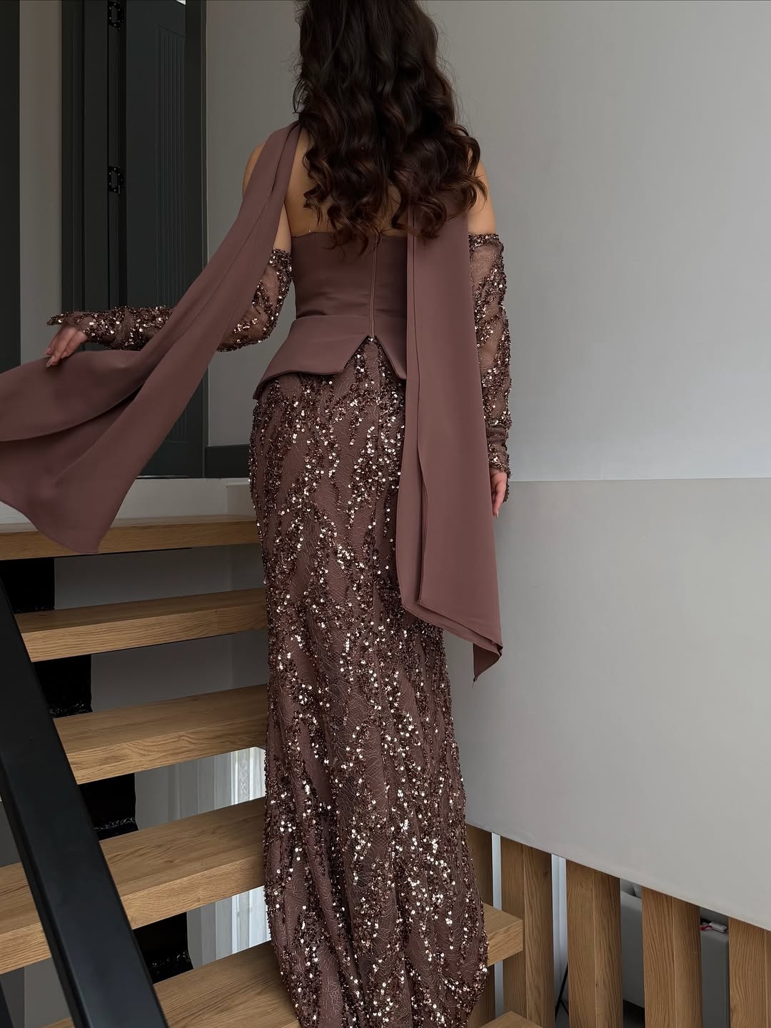 Sequins Brown Straight Across Mermaid Elegant Prom Dress With Scarf