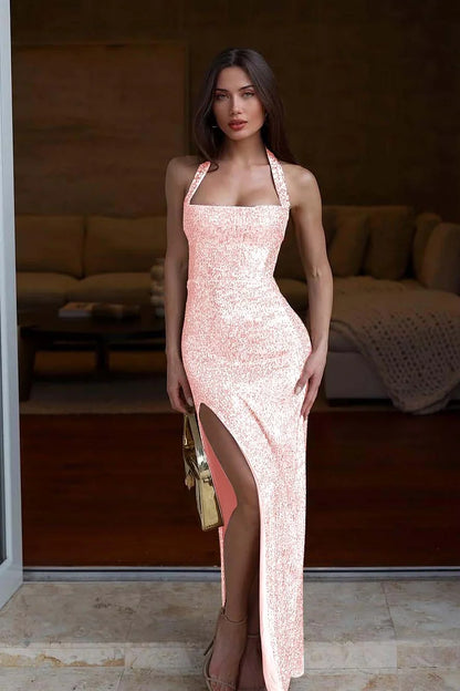 Halter Neck Strapless Sleeveless Long Mermaid Prom Dress With Sequins And High Split