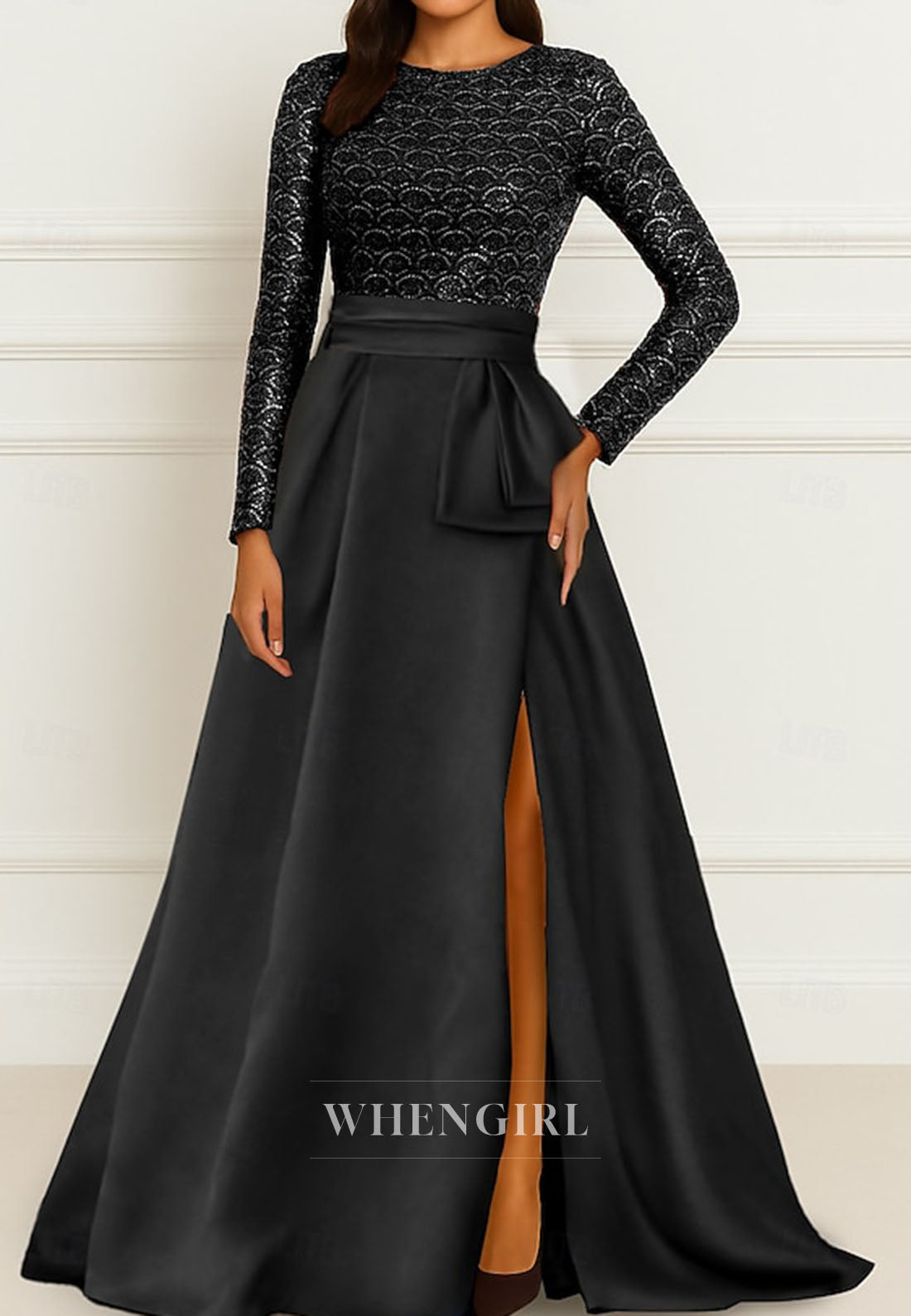 A-Line Bateau Neck Long Sleeves Side Slit Back Zipper Mother of the Bride Dress Evening Dress