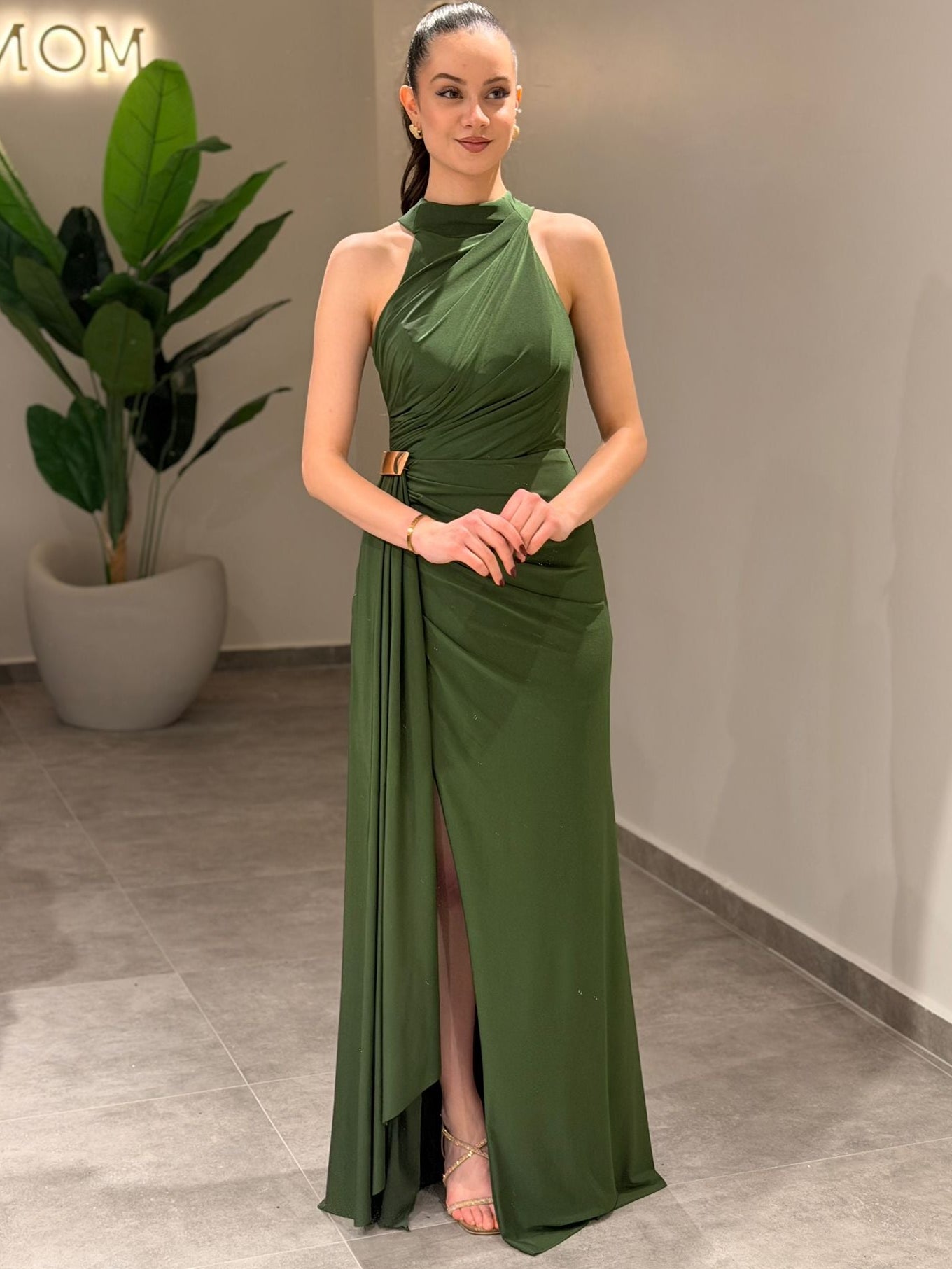 Halter Sleeveless Slit Ruched Sheath Formal Dress