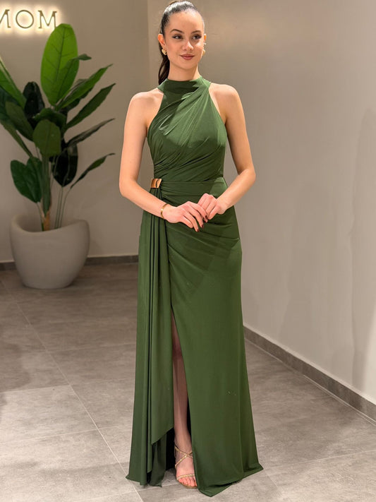 Halter Sleeveless Slit Ruched Sheath Formal Dress