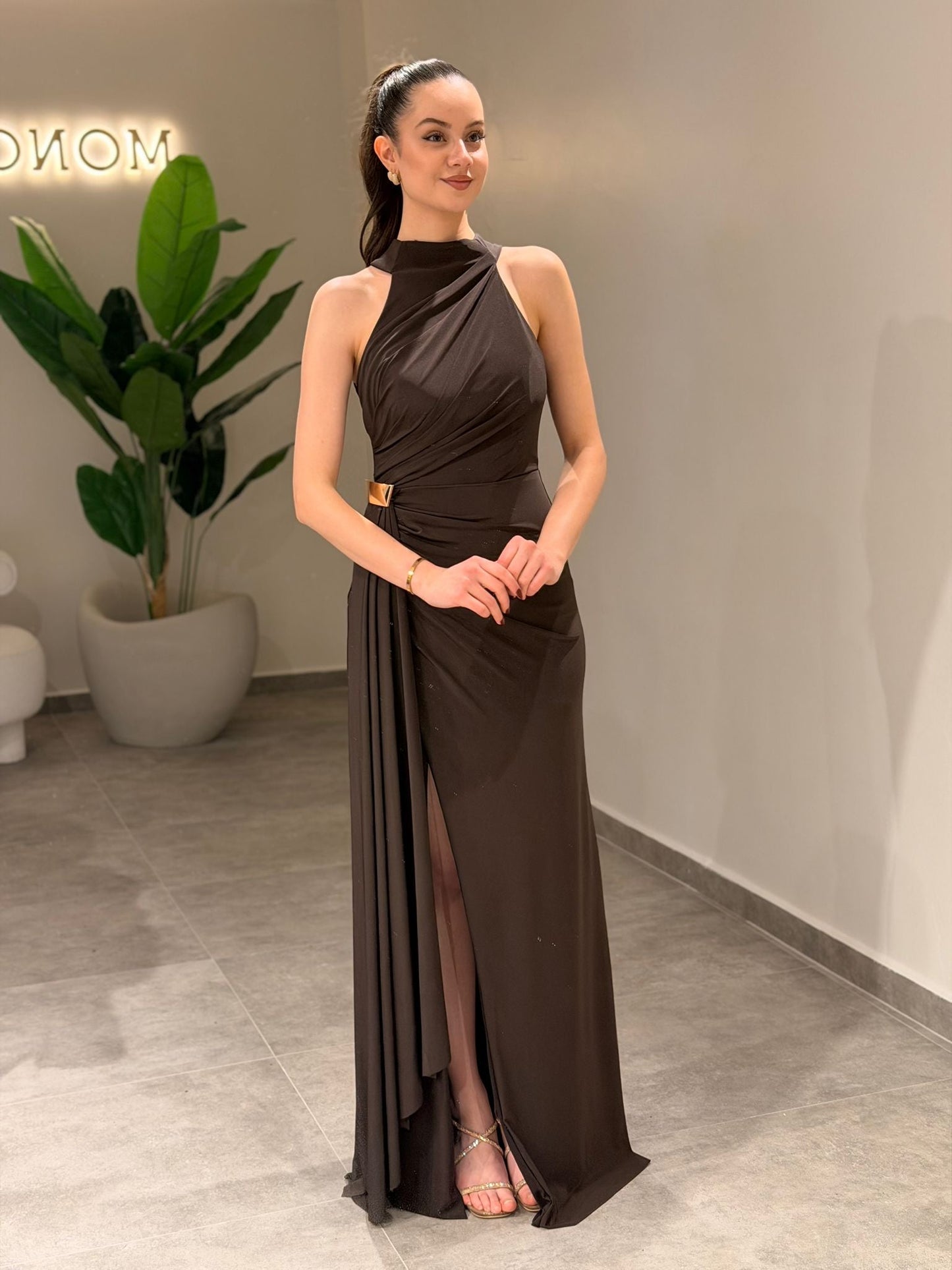 Halter Sleeveless Slit Ruched Sheath Formal Dress