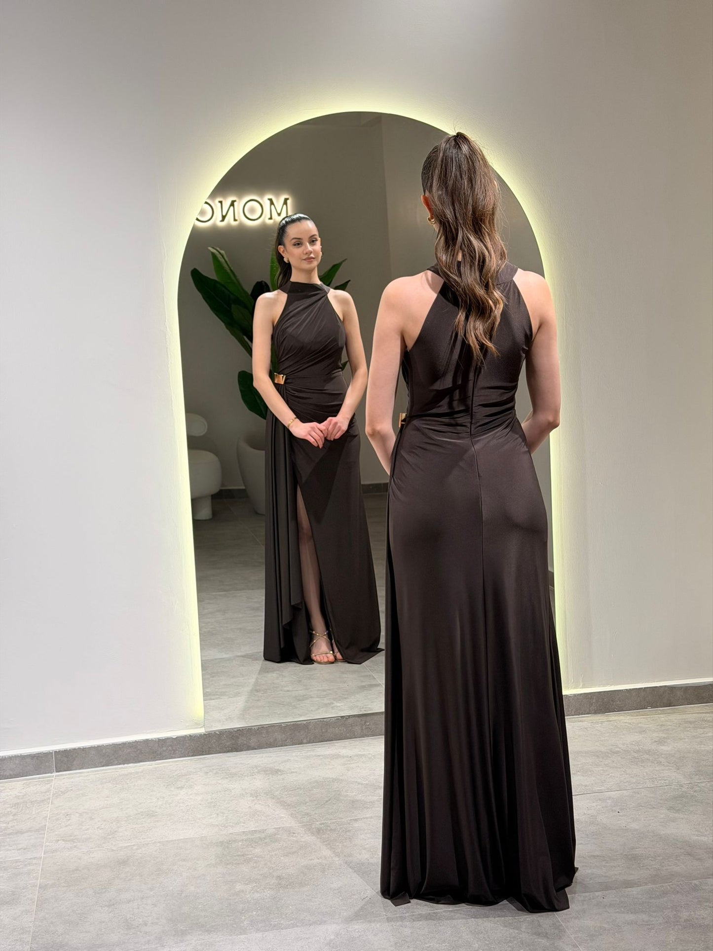 Halter Sleeveless Slit Ruched Sheath Formal Dress