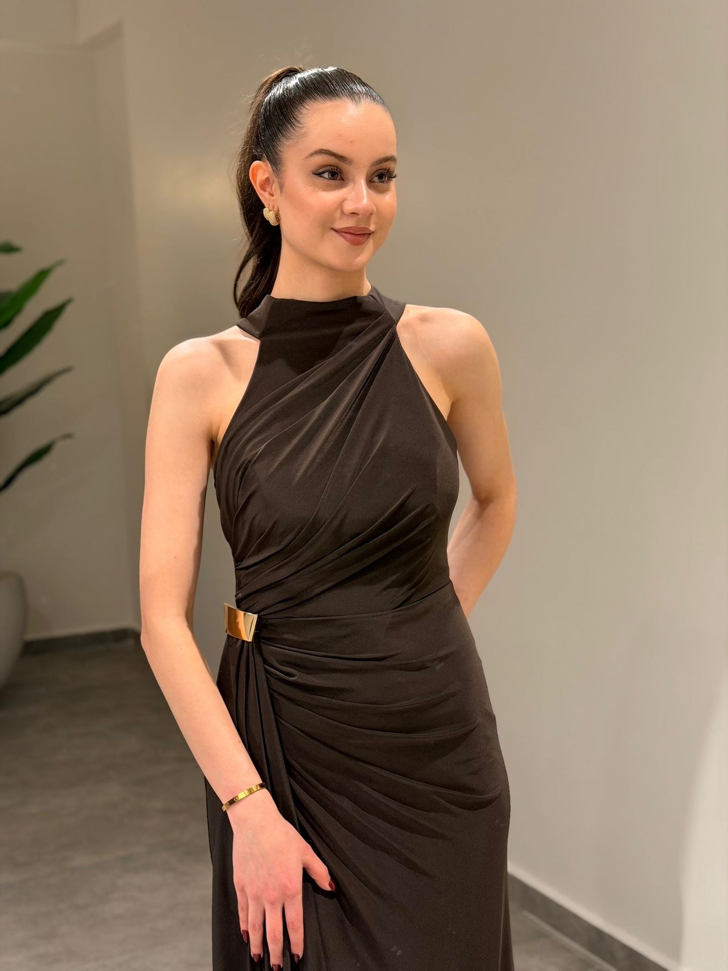 Halter Sleeveless Slit Ruched Sheath Formal Dress