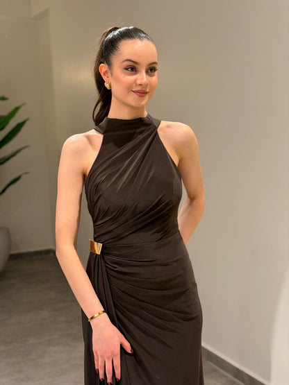 Halter Sleeveless Slit Ruched Sheath Formal Dress