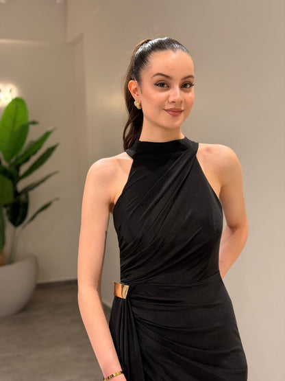 Halter Sleeveless Slit Ruched Sheath Formal Dress