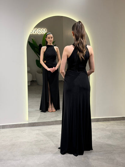 Halter Sleeveless Slit Ruched Sheath Formal Dress