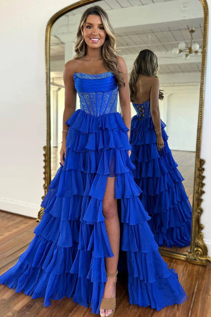 Gorgeous A Line Strapless Daffodial Tiered Chiffon Prom Evening Dresses with Hot Stone