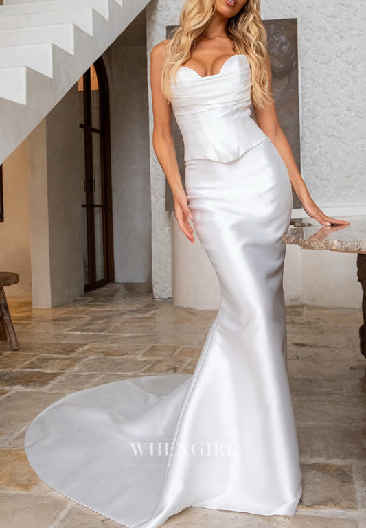 Sleeveless Sweep Train Strapless Pleated Lace Up Sweetheart Mermaid Wedding Dress