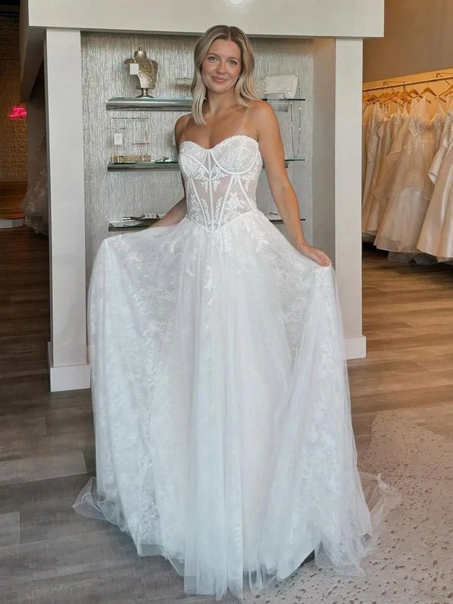 Charming A-Line Strapless Tulle Lace Wedding Dresses
