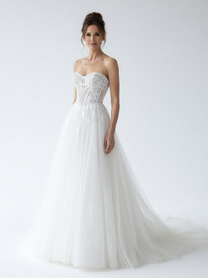 Charming A-Line Strapless Tulle Lace Wedding Dresses