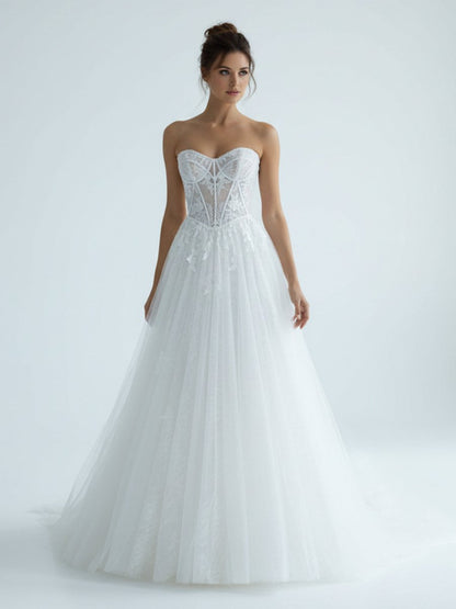 Charming A-Line Strapless Tulle Lace Wedding Dresses