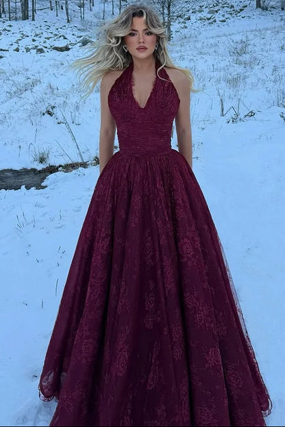 Charming Red Halter V-Neck Sleeveless Lace Prom Dresses A-Line Long With High Split