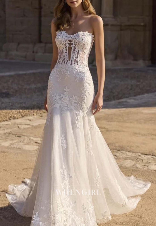 Tube Top Sleeveless Appliqued Lace Cut Out Sweep Train Mermaid Wedding Dress