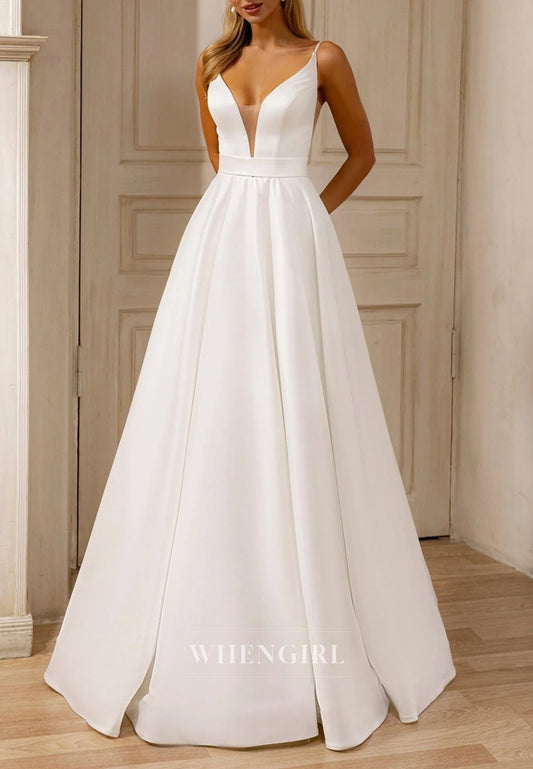 Simple A-Line Sleeveless Wedding Dress with V Neckline and Court Train