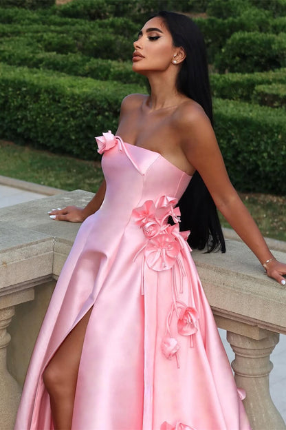 Chic Pink Satin Strapless Sleeveless Prom Dress High Slit A-Line With Flower