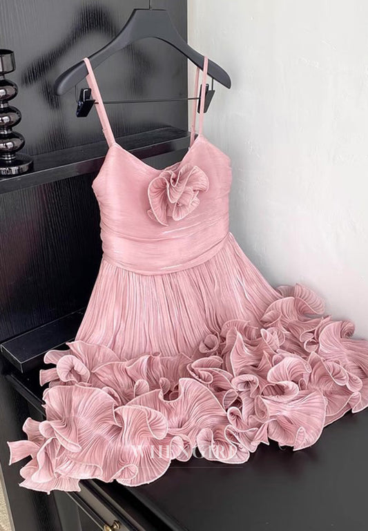 A-Line Pleated 3D Flower Spaghetti Straps Sleeveless Ruffles Short Homecoming Dress