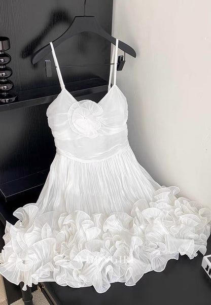 A-Line Pleated 3D Flower Spaghetti Straps Sleeveless Ruffles Short Homecoming Dress