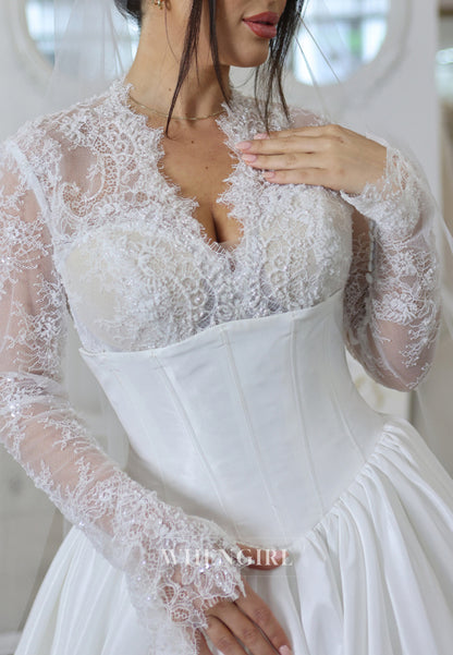 A-Line V Neck Lace Long Sleeves Satin Chapel Train Wedding Dress