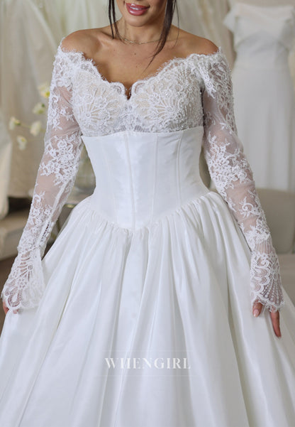 A-Line V Neck Lace Long Sleeves Satin Chapel Train Wedding Dress