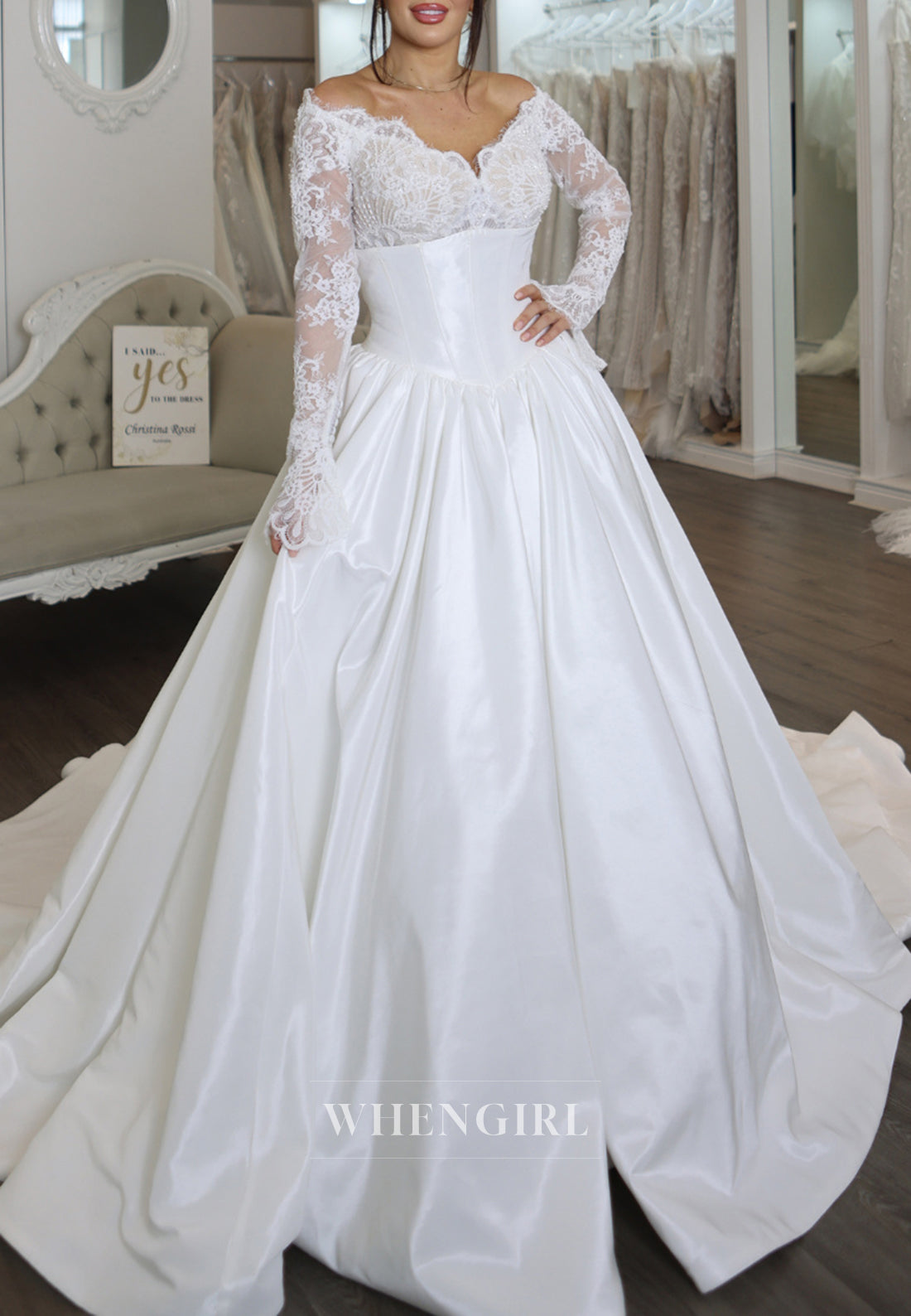 A-Line V Neck Lace Long Sleeves Satin Chapel Train Wedding Dress