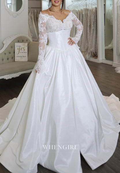 A-Line V Neck Lace Long Sleeves Satin Chapel Train Wedding Dress