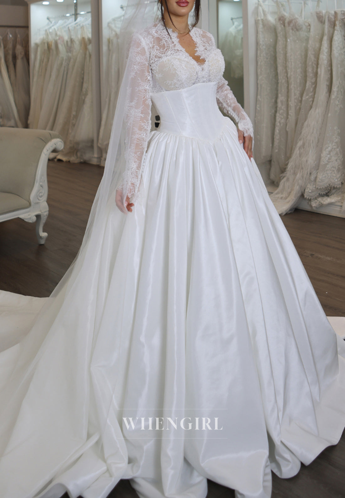 A-Line V Neck Lace Long Sleeves Satin Chapel Train Wedding Dress