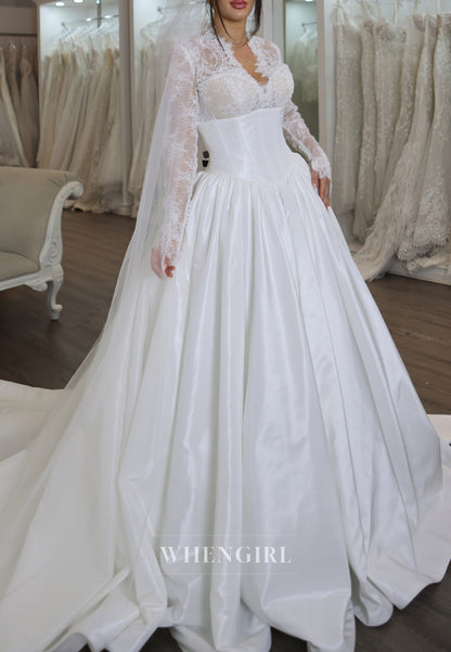 A-Line V Neck Lace Long Sleeves Satin Chapel Train Wedding Dress