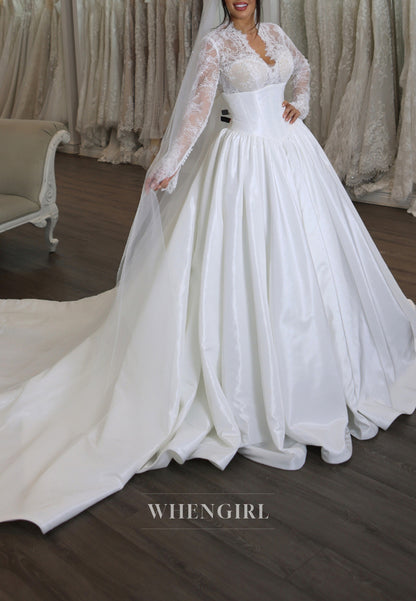 A-Line V Neck Lace Long Sleeves Satin Chapel Train Wedding Dress