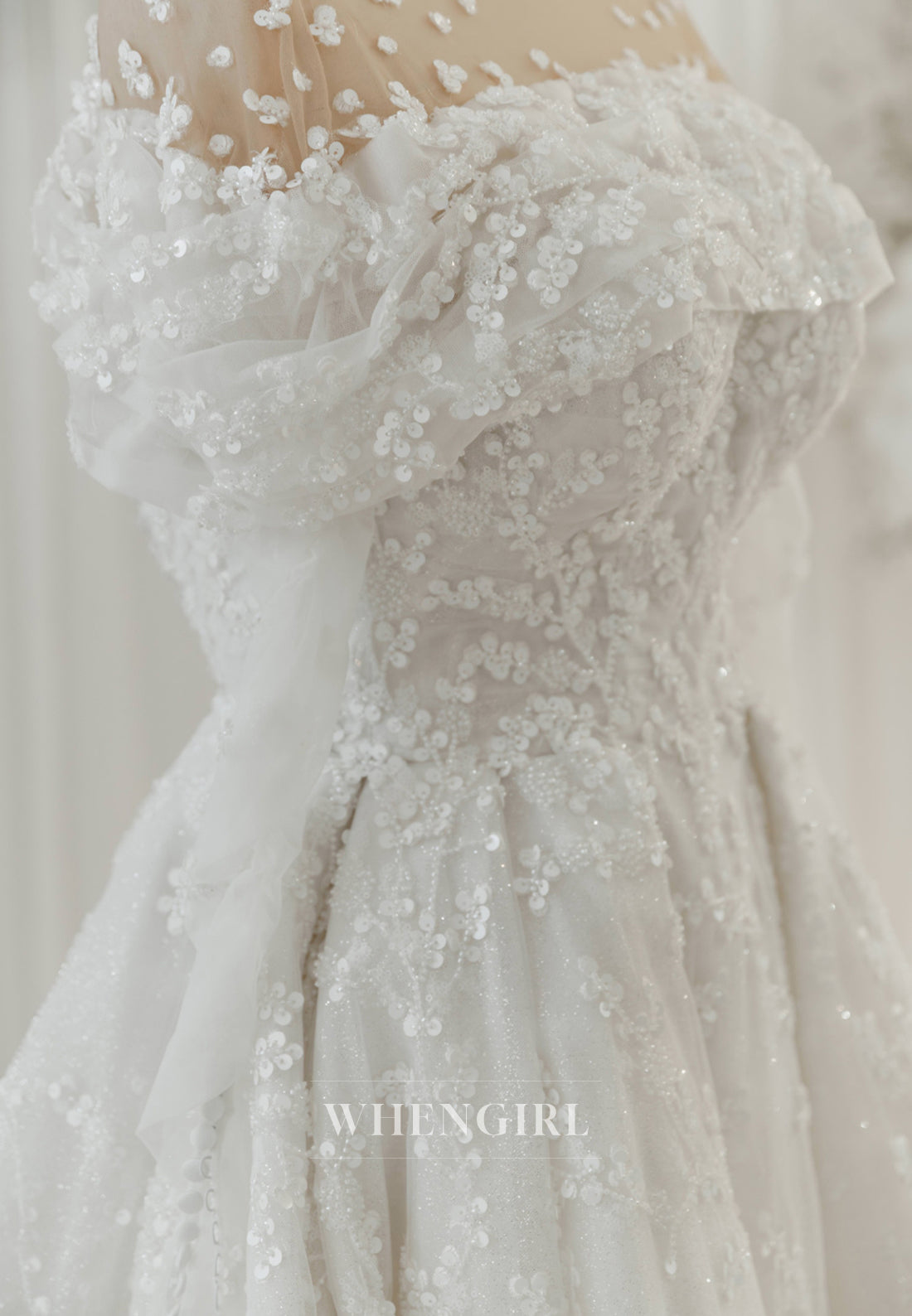 A-Line Illusion Neck Long Sleeves Sequins Beaded Floral Wedding Dress