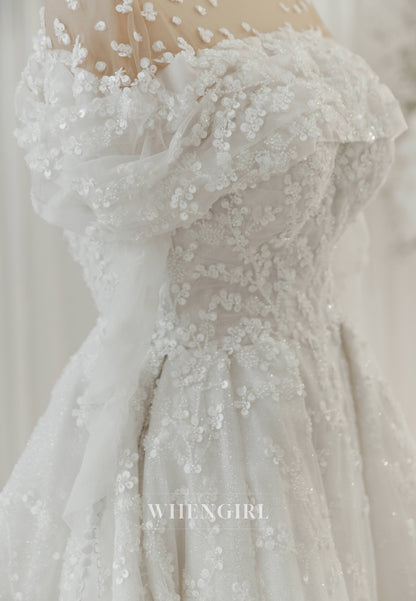 A-Line Illusion Neck Long Sleeves Sequins Beaded Floral Wedding Dress
