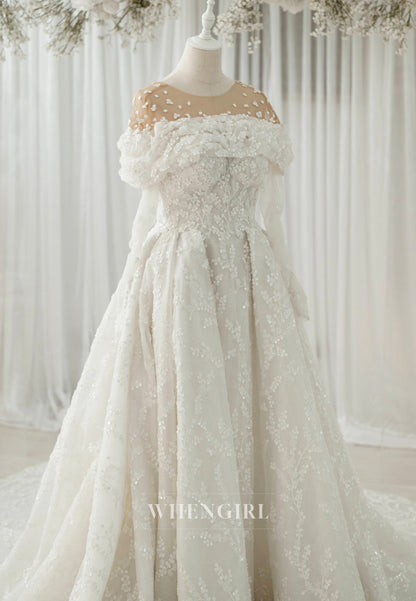 A-Line Illusion Neck Long Sleeves Sequins Beaded Floral Wedding Dress