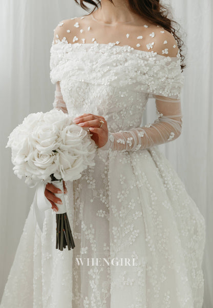A-Line Illusion Neck Long Sleeves Sequins Beaded Floral Wedding Dress