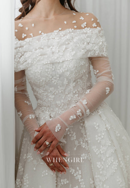 A-Line Illusion Neck Long Sleeves Sequins Beaded Floral Wedding Dress