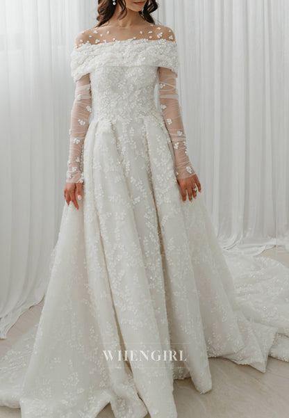 A-Line Illusion Neck Long Sleeves Sequins Beaded Floral Wedding Dress