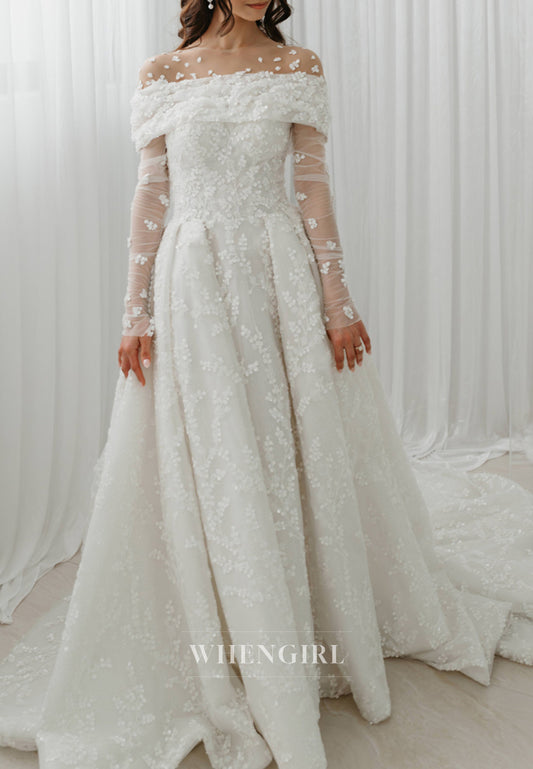 A-Line Illusion Neck Long Sleeves Sequins Beaded Floral Wedding Dress