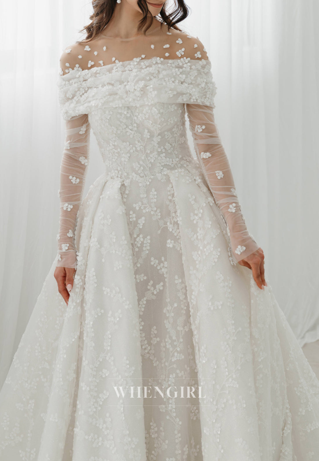 A-Line Illusion Neck Long Sleeves Sequins Beaded Floral Wedding Dress