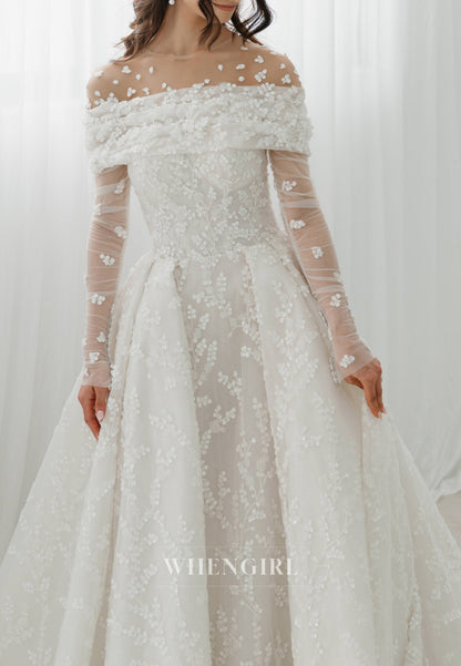 A-Line Illusion Neck Long Sleeves Sequins Beaded Floral Wedding Dress