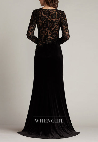 Black Bateau Neck Long Sleeves Lace Top Mermaid Mother of the Bride Dress