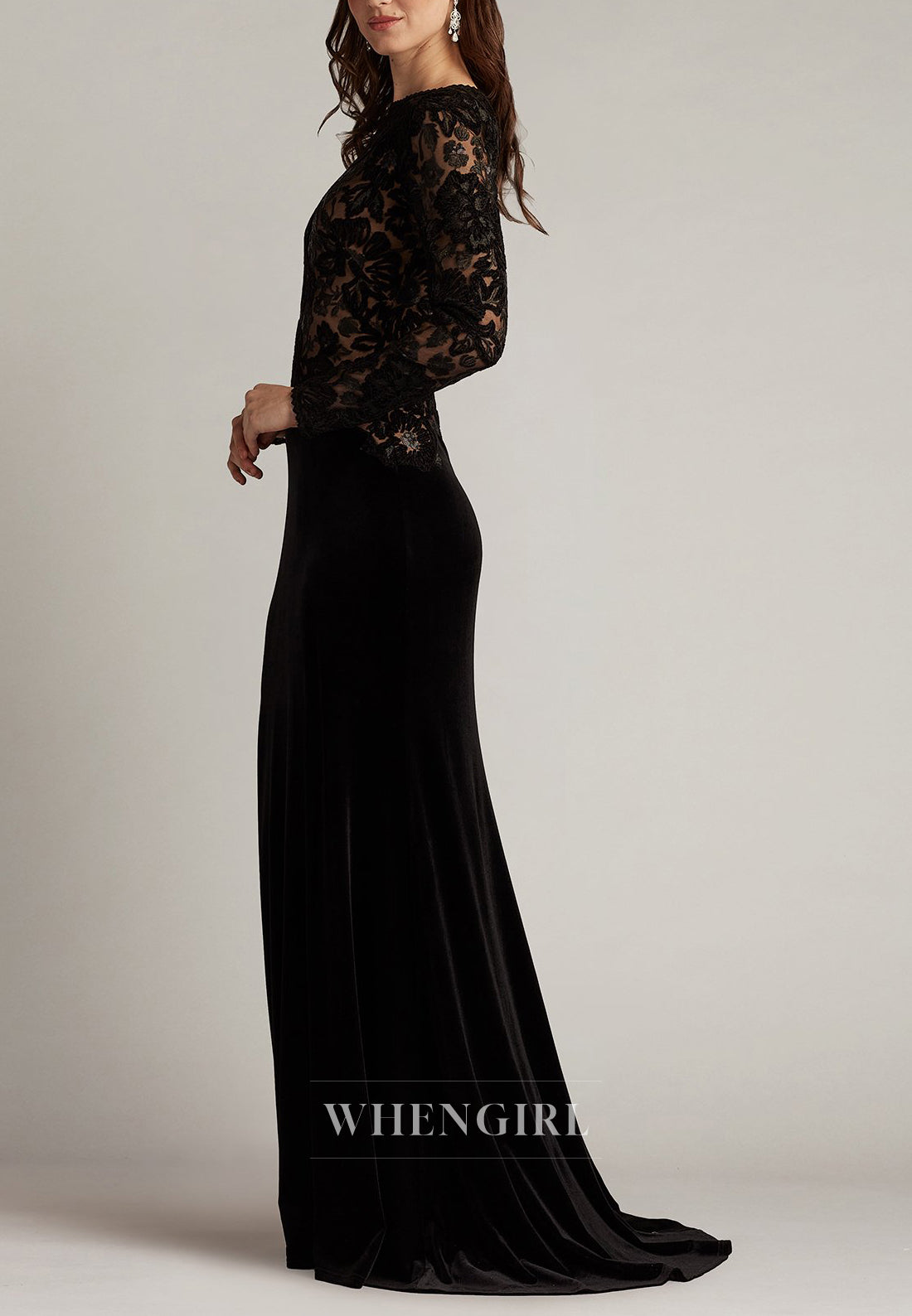 Black Bateau Neck Long Sleeves Lace Top Mermaid Mother of the Bride Dress