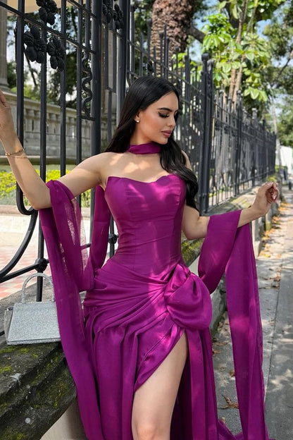 Classy Orchid Sweetheart Prom Dresses Satin Sleeveless High Slit With Pleats