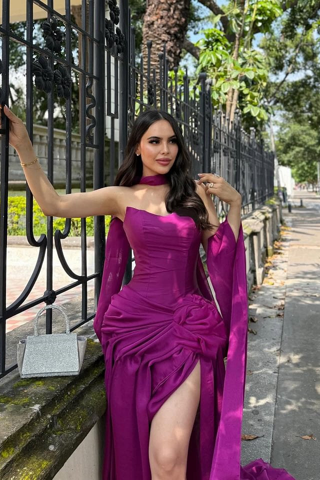 Classy Orchid Sweetheart Prom Dresses Satin Sleeveless High Slit With Pleats