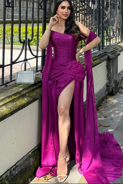 Classy Orchid Sweetheart Prom Dresses Satin Sleeveless High Slit With Pleats