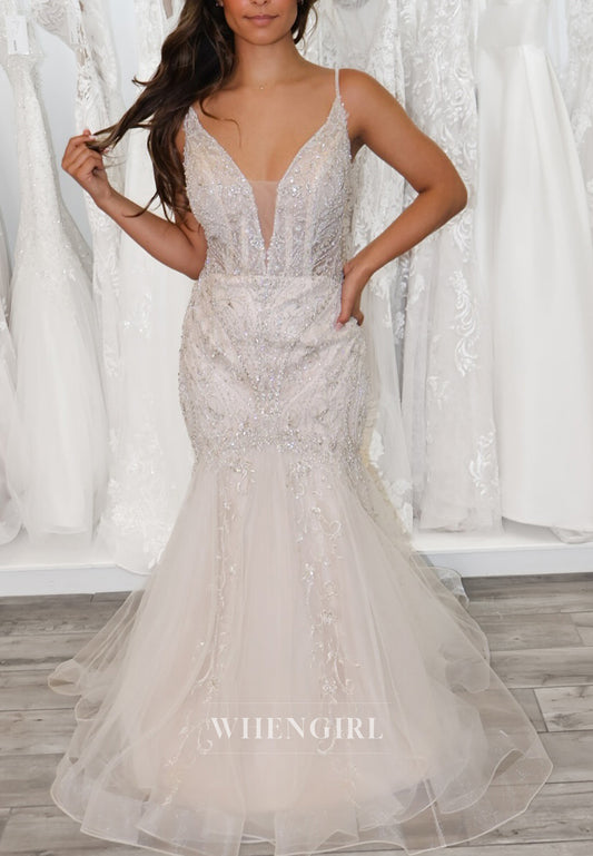 Mermaid Beaded V Neck Spaghetti Straps Back Zipper Long Wedding Dress
