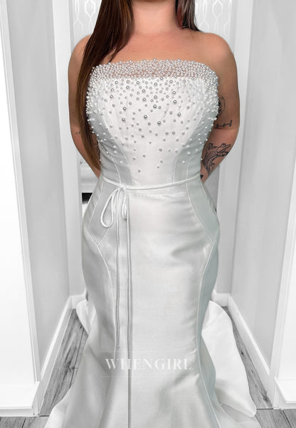Mermaid Tube Top Sleeveless Pearls Beading Court Trian Satin Wedding Dress
