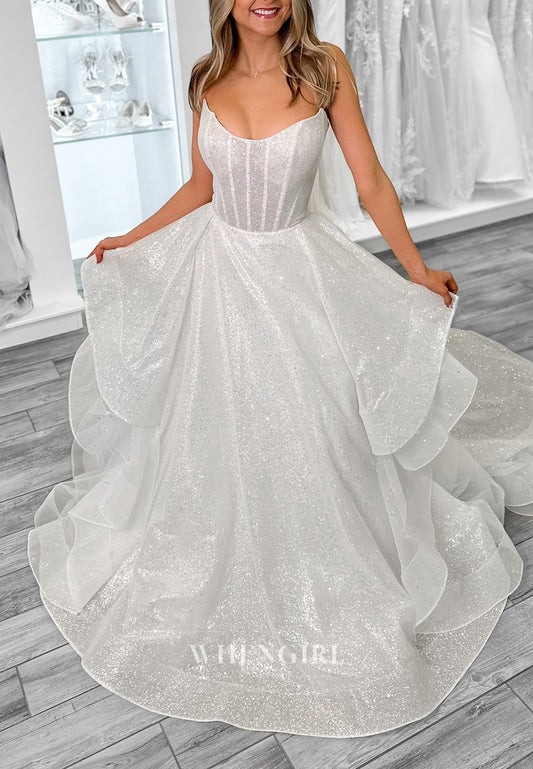 Scoop Neck Sleeveless A-Line Chapel Trian Ruffles Back Zipper Strapless Sequins Wedding Dress