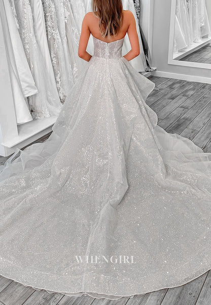 Scoop Neck Sleeveless A-Line Chapel Trian Ruffles Back Zipper Strapless Sequins Wedding Dress