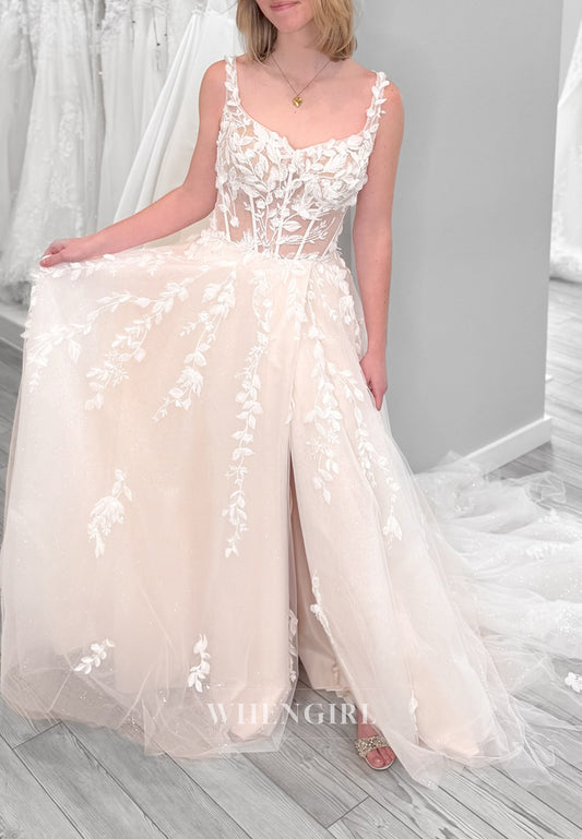 A-Line Appliqued V Neck Sleeveless Court Trian Button Wedding Dress with Side Slit